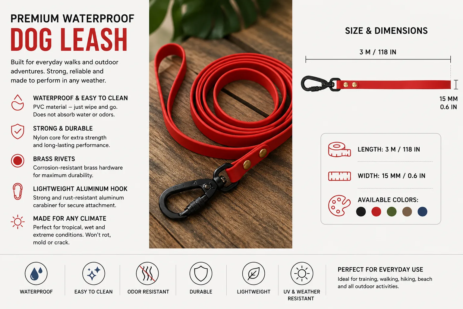 Premium Waterproof PVC Dog Leash – 3 m